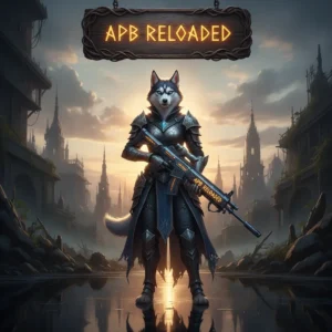 Fantasy game-inspired artwork featuring an anthropomorphic Husky character in a futuristic city setting, representing APB Reloaded boosting services.