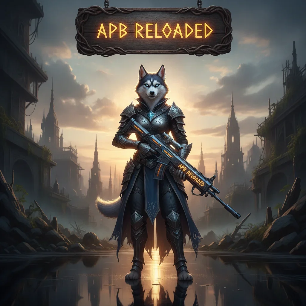 Fantasy game-inspired artwork featuring an anthropomorphic Husky character in a futuristic city setting, representing APB Reloaded boosting services.