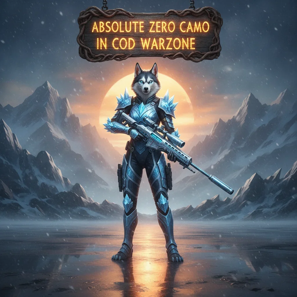 Fantasy artwork featuring an anthropomorphic husky in a cold, game-inspired setting, with armor themed around Absolute Zero Camo unlock objectives and cosmetic rewards.