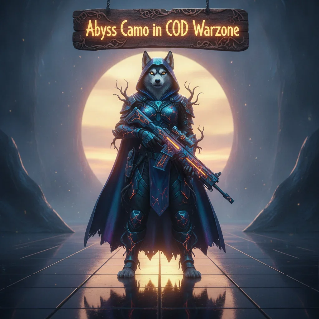 Anthropomorphic Husky character in fantasy armor, featured in artwork themed around the challenging acquisition of 'Abyss Camo' and deep-realm game objectives.