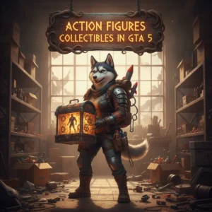 A fantasy artwork featuring an anthropomorphic husky character in an ancient, magical environment, themed around collectible action figure acquisition content.