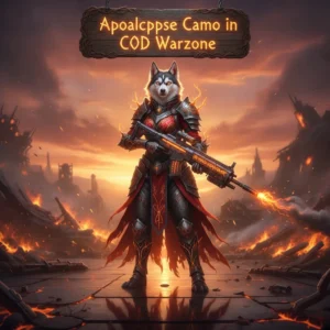Fantasy artwork with an anthropomorphic husky in tactical, apocalypse-themed attire, set in a desolate landscape, representing weapon customization and Apocalypse Camo unlock content in COD Warzone.