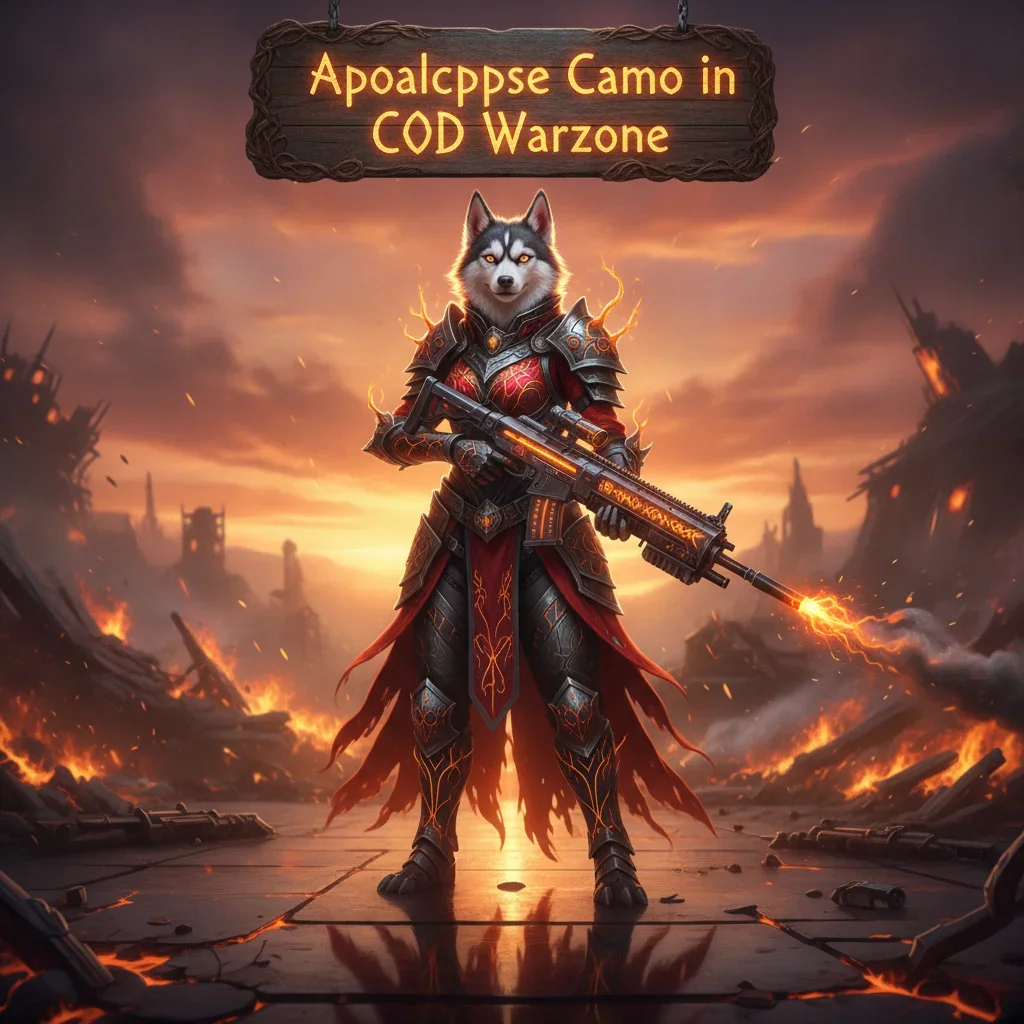 Fantasy artwork with an anthropomorphic husky in tactical, apocalypse-themed attire, set in a desolate landscape, representing weapon customization and Apocalypse Camo unlock content in COD Warzone.