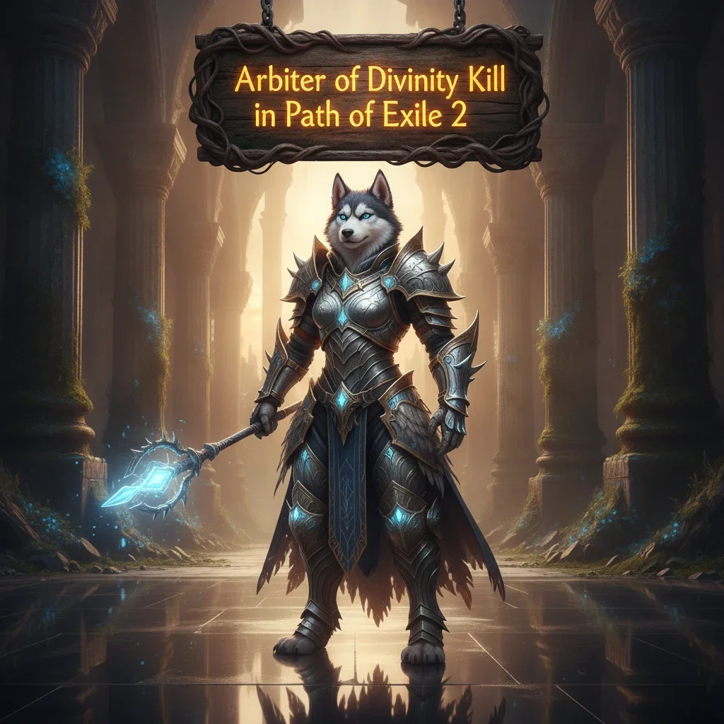 Fantasy game artwork featuring an anthropomorphic Husky character in mystical armor, inspired by Arbiter of Divinity kill objectives in Path of Exile 2.