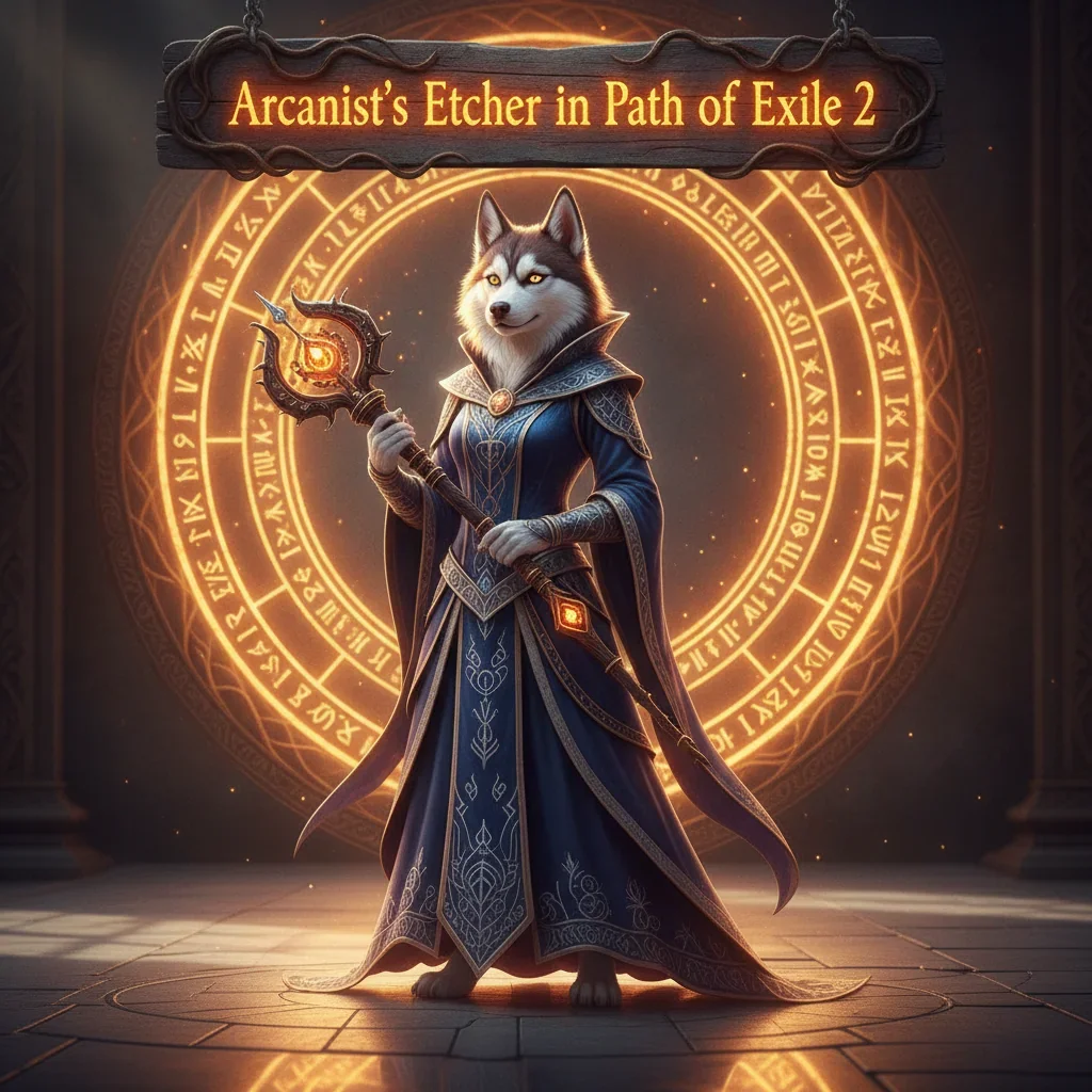 Fantasy artwork of an anthropomorphic husky mage in intricate robes, representing Arcanist’s Etcher item enhancement in Path of Exile 2.