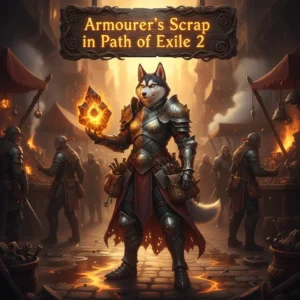 An anthropomorphic husky character in fantasy armor, representing Armourer's Scrap acquisition and item quality upgrades in the world of Path of Exile 2. This artwork is inspired by game content.