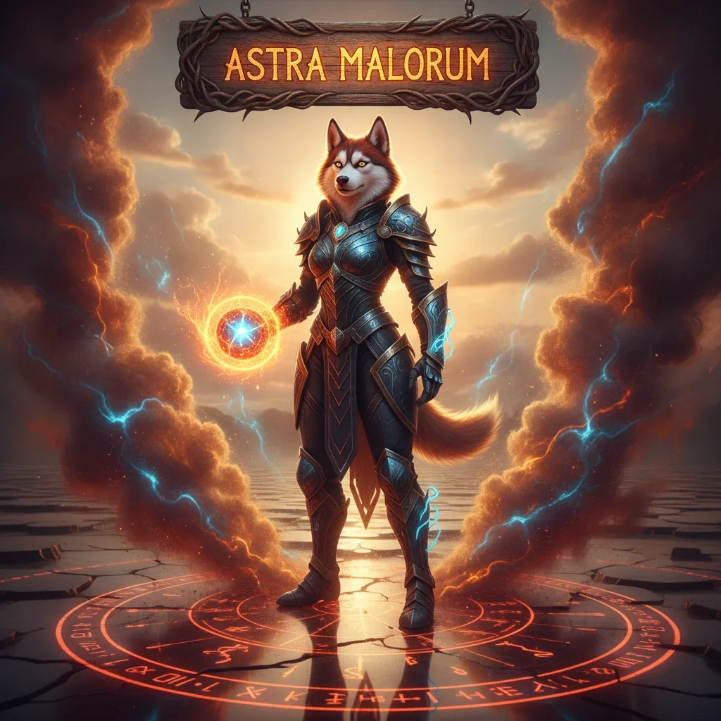 An anthropomorphic husky character in fantasy armor amidst a mystical landscape, representing Astra Malorum challenges in CoD Black Ops 7.