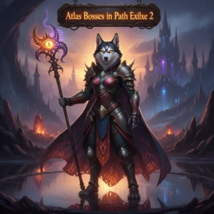 An anthropomorphic Husky character, clad in fantasy armor, stands in a dark, atmospheric game-inspired environment related to challenging Atlas Bosses in Path of Exile 2.