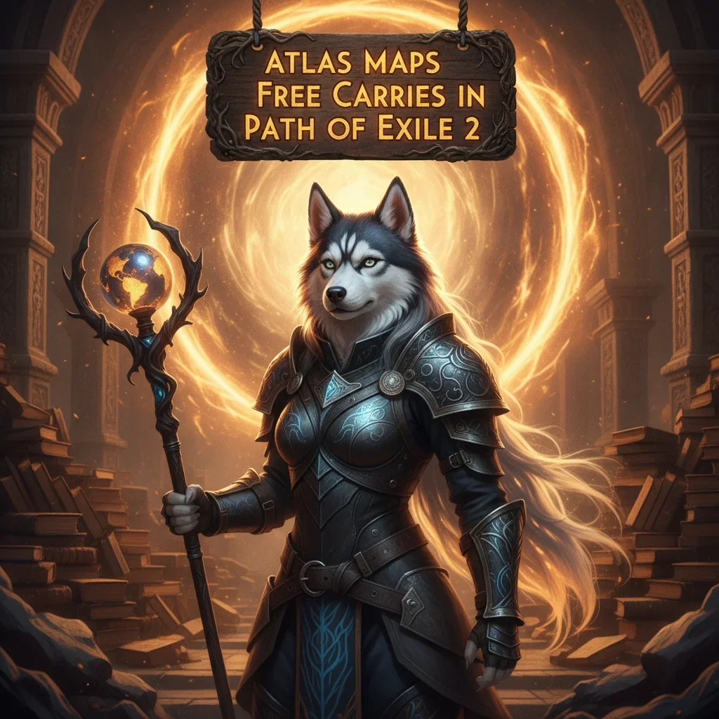 An anthropomorphic Husky character, clad in fantasy gear, exploring a mystical dungeon environment, themed around Path of Exile 2's Atlas Map objectives and content.