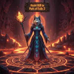 An anthropomorphic Husky character in detailed fantasy armor, featured in artwork related to the Atziri boss challenge in Path of Exile 2, representing endgame content completion.