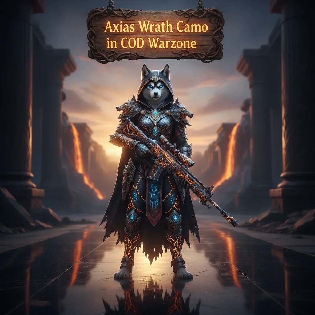 Anthropomorphic husky character in fantasy armor, set in a dynamic game-inspired environment, representing Axias Wrath weapon cosmetic unlocks and related progression content.