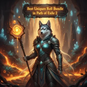 An anthropomorphic Husky character in a fantasy setting, adorned in elaborate game-inspired armor, representing the pursuit of powerful unique item rolls and valuable bundles in Path of Exile 2. The artwork is themed around advanced itemization content.