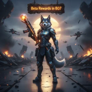 A fantasy game-inspired image featuring an anthropomorphic Husky character in heroic armor, set in an otherworldly environment. The artwork represents the theme of Beta Rewards Boost content for a Black Ops 7-style game.