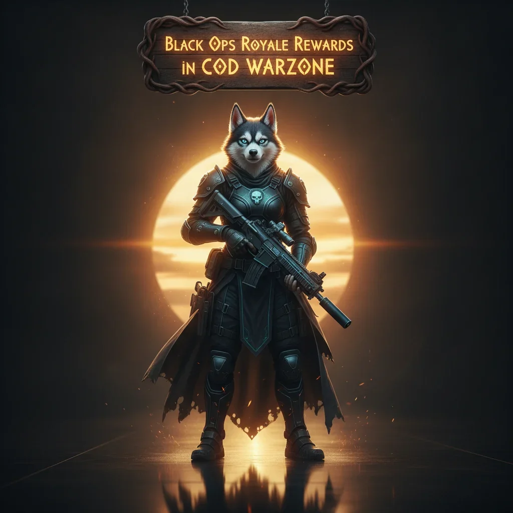 An anthropomorphic Husky character in fantasy attire, representing Black Ops Royale rewards and progression systems in a Warzone-themed environment.