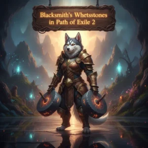 Fantasy game artwork featuring an anthropomorphic husky character, themed around Blacksmith's Whetstones and item quality improvement in Path of Exile 2.