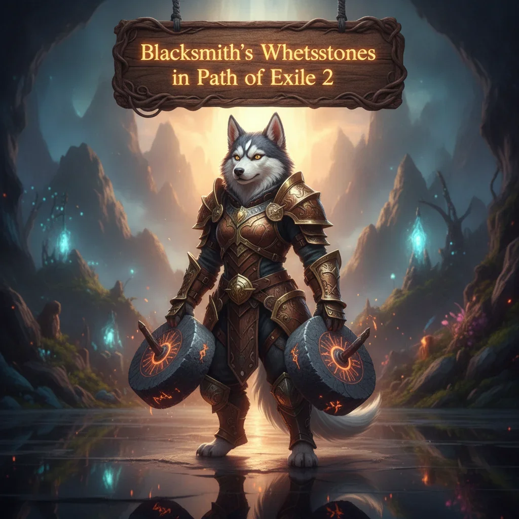 Fantasy game artwork featuring an anthropomorphic husky character, themed around Blacksmith's Whetstones and item quality improvement in Path of Exile 2.