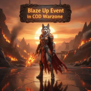 Fantasy game-inspired artwork featuring an anthropomorphic husky character in a themed outfit, representing the Blaze Up event content and its related objectives, set in a dynamic game-like environment.