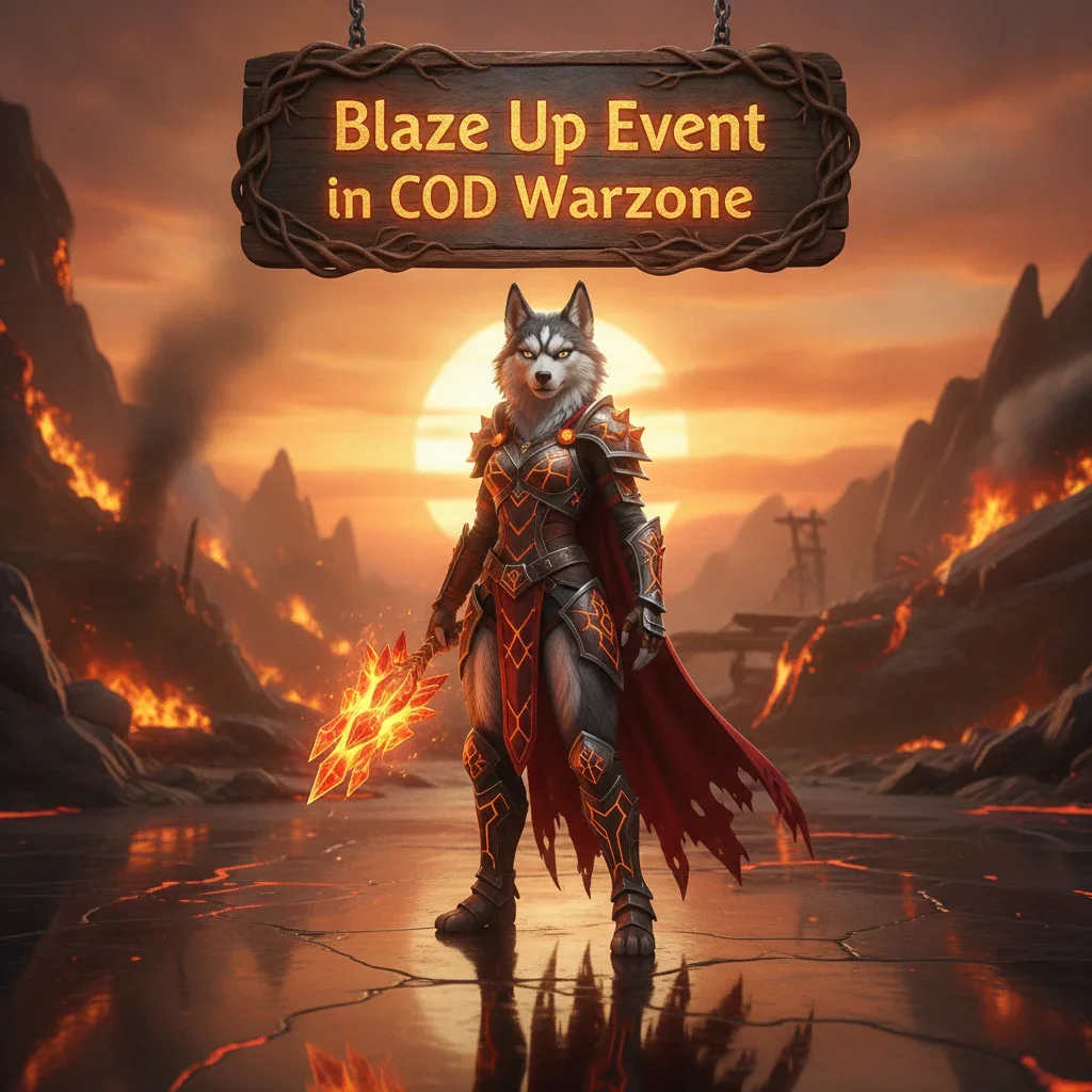 Fantasy game-inspired artwork featuring an anthropomorphic husky character in a themed outfit, representing the Blaze Up event content and its related objectives, set in a dynamic game-like environment.