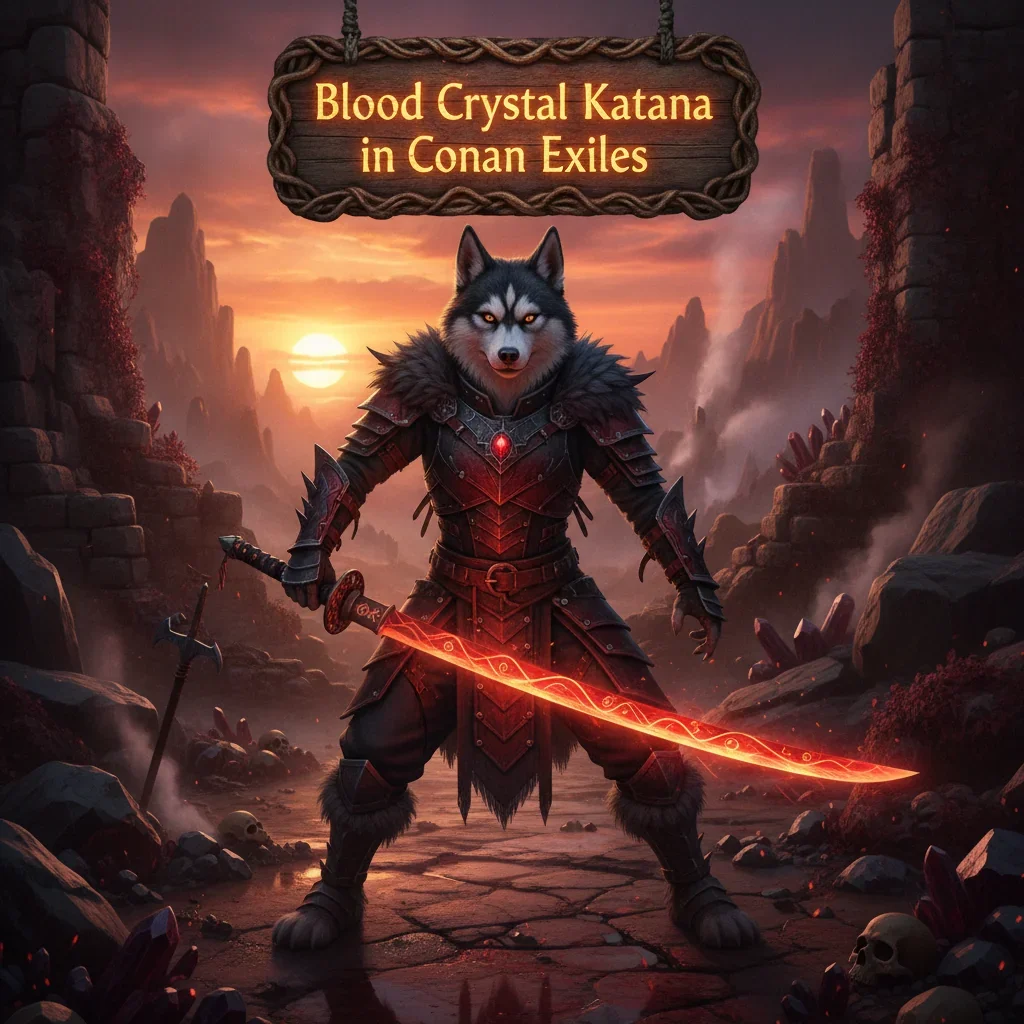 Anthropomorphic Husky character in fantasy armor within a Conan Exiles-inspired desert environment, embodying the Blood Crystal Katana development content.