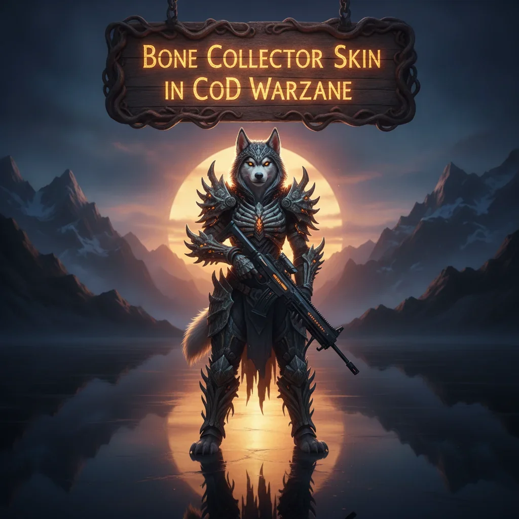 A fantasy artwork featuring an anthropomorphic Husky in intricate bone-themed armor, representing collectible character cosmetic content for in-game avatars.
