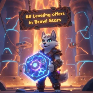 An anthropomorphic Husky character in a dynamic pose, representing Brawl Stars leveling content and game progression.