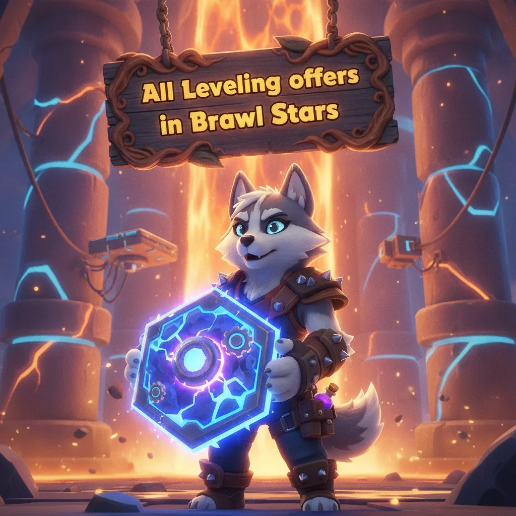 An anthropomorphic Husky character in a dynamic pose, representing Brawl Stars leveling content and game progression.