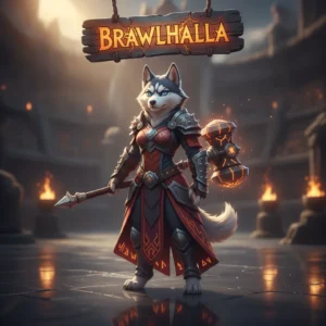 Fantasy artwork featuring an anthropomorphic husky character in a game-inspired setting, related to Brawlhalla objectives.