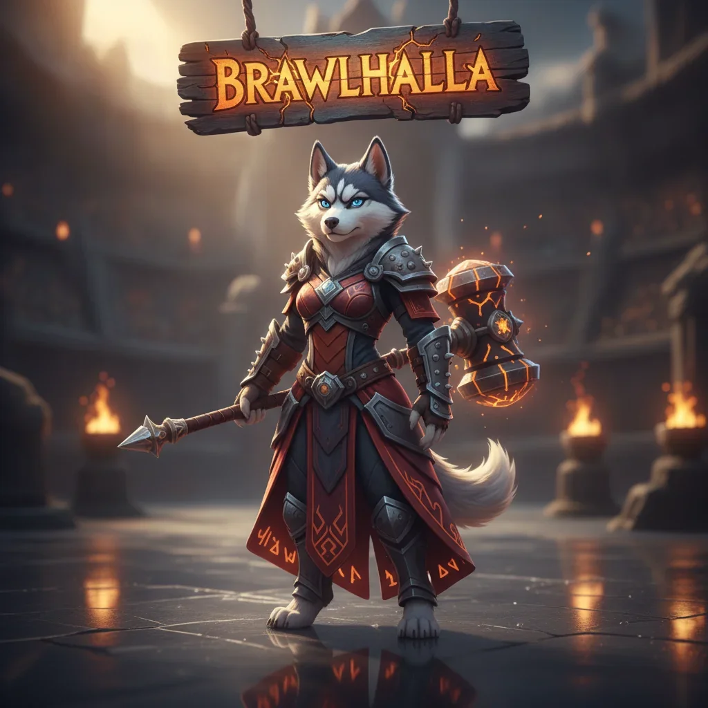 Fantasy artwork featuring an anthropomorphic husky character in a game-inspired setting, related to Brawlhalla objectives.