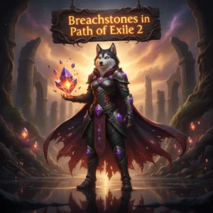An anthropomorphic Husky character in dark fantasy armor, standing heroically in a foreboding, game-inspired environment, representing Path of Exile 2 Breachstones content and objectives.