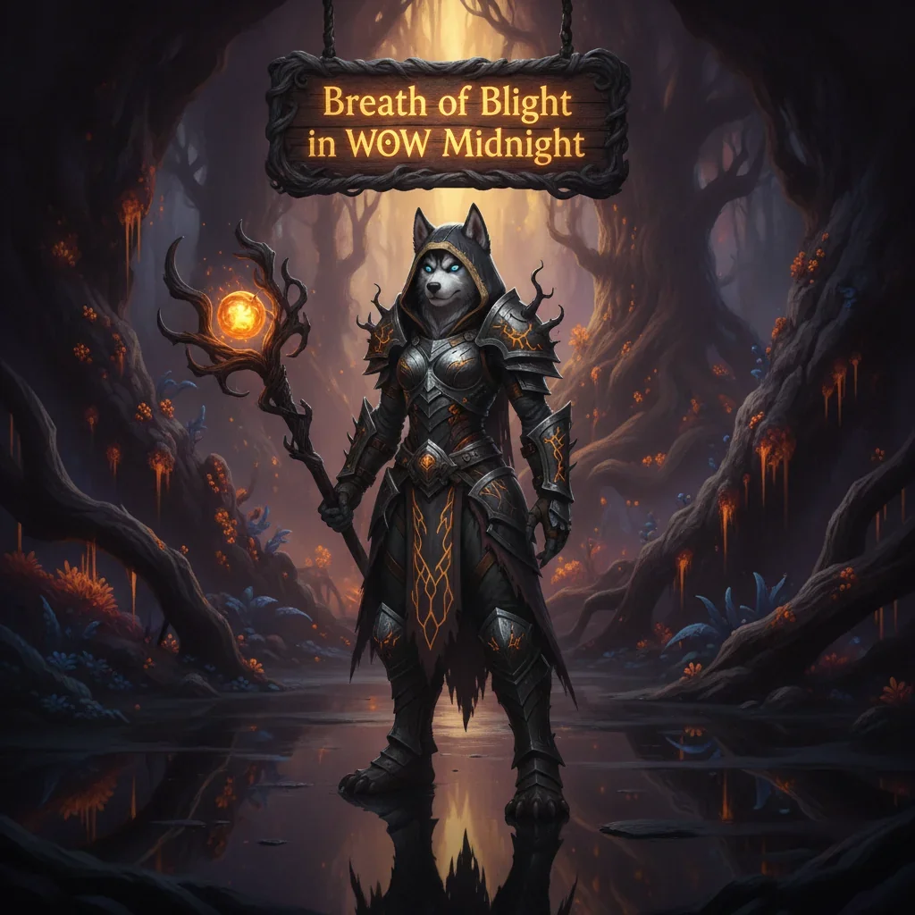 Anthropomorphic Husky in fantasy artwork for a Breath of Blight Boost, representing content in WoW Midnight. The character wears themed fantasy attire in a magical game-inspired environment.