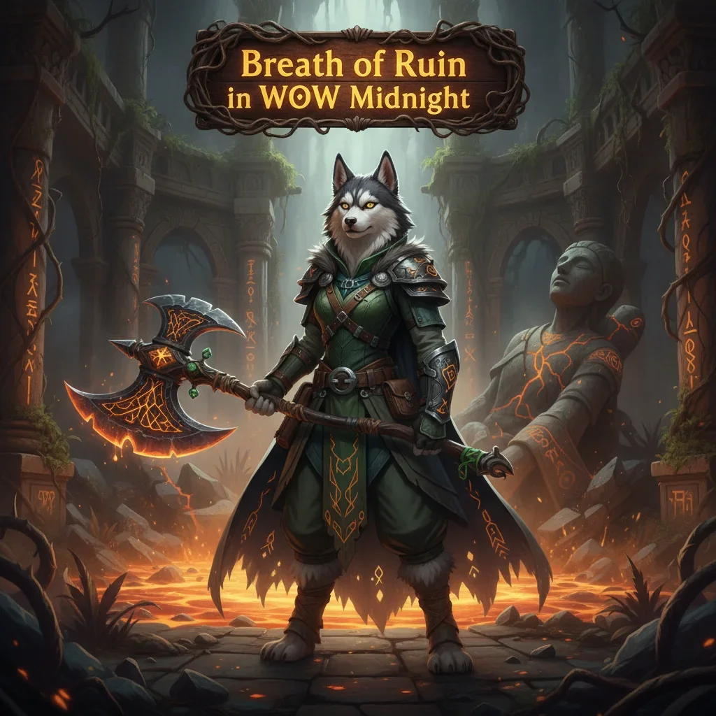 Fantasy artwork featuring an anthropomorphic husky character in intricate armor, representing the Breath of Ruin Boost content for WoW Midnight. The character stands in a mystical, game-inspired environment.