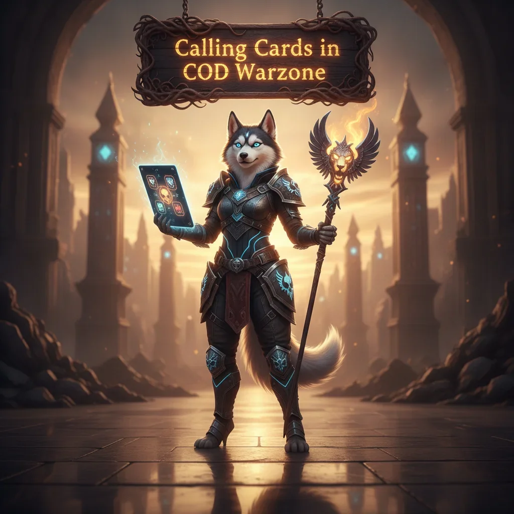 Fantasy artwork featuring an anthropomorphic Husky character in ornate armor, representing content for acquiring Calling Cards in Call of Duty Warzone.