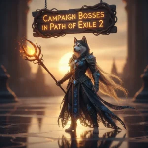 Fantasy artwork depicting an anthropomorphic Husky warrior in ornate armor, in a dark Path of Exile 2 environment, related to challenging campaign bosses and progression content.