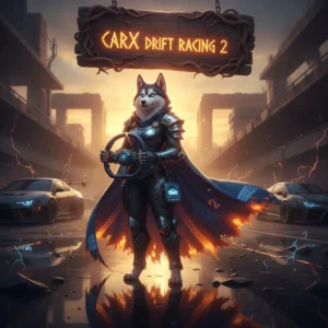 An anthropomorphic Husky character in fantasy attire, with an environment inspired by the theme of CarX Drift Racing 2 boosting services.