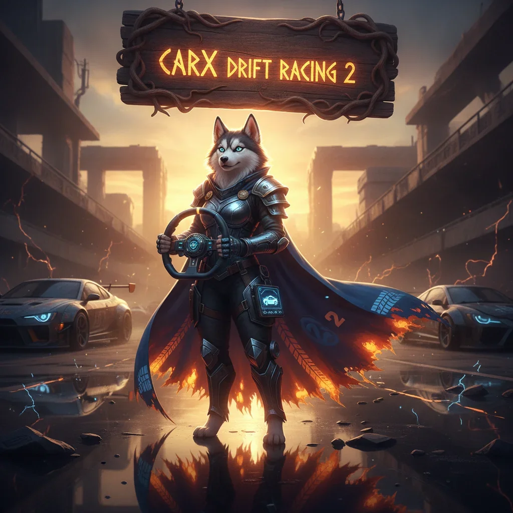An anthropomorphic Husky character in fantasy attire, with an environment inspired by the theme of CarX Drift Racing 2 boosting services.