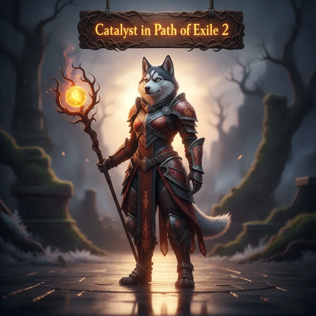 An anthropomorphic husky character in fantasy attire, in a mystical environment, representing Path of Exile 2's catalyst boost content for item enhancement.