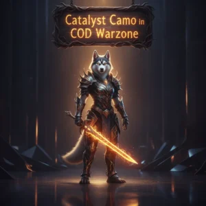 Fantasy artwork featuring an anthropomorphic Husky character in a tactical-inspired outfit, set in a game-like environment, representing weapon cosmetic unlocks and camo progression challenges.