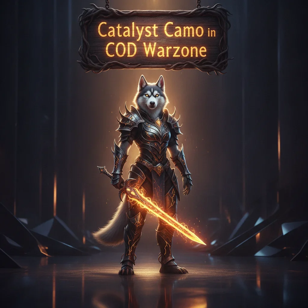 Fantasy artwork featuring an anthropomorphic Husky character in a tactical-inspired outfit, set in a game-like environment, representing weapon cosmetic unlocks and camo progression challenges.
