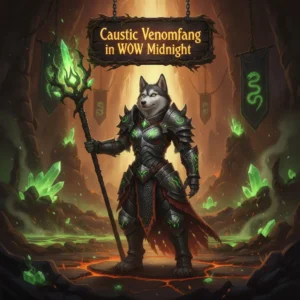 Fantasy artwork featuring a valiant anthropomorphic Husky hero in formidable armor, representing Caustic Venomfang content and objectives in WoW Midnight.