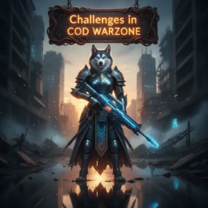 Fantasy artwork featuring an anthropomorphic husky character in detailed armor, embodying the theme of Call of Duty Warzone challenges and objectives.