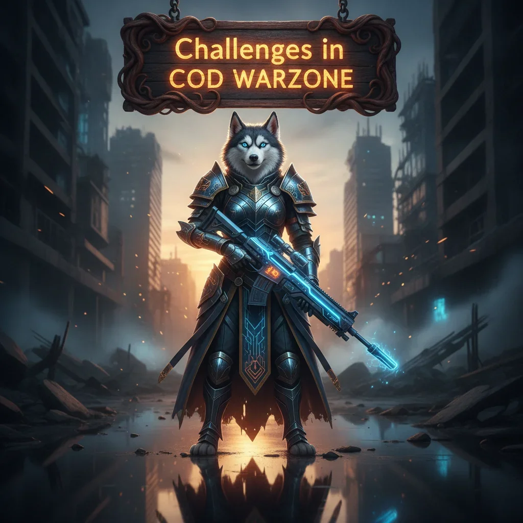 Fantasy artwork featuring an anthropomorphic husky character in detailed armor, embodying the theme of Call of Duty Warzone challenges and objectives.