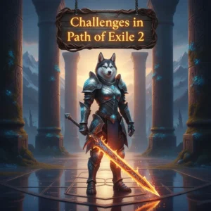 Anthropomorphic Husky in fantasy armor, in a dark environment, representing challenging game objectives and content inspired by Path of Exile 2.