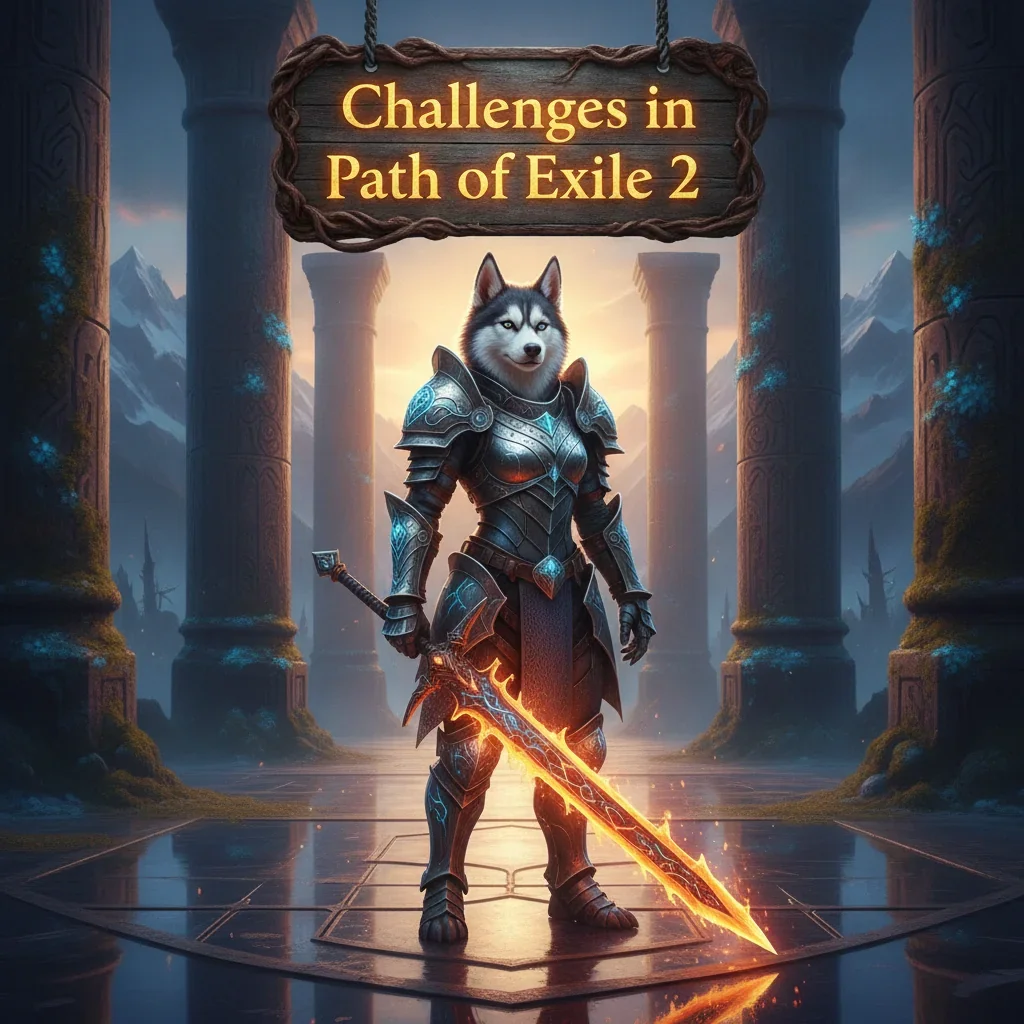 Anthropomorphic Husky in fantasy armor, in a dark environment, representing challenging game objectives and content inspired by Path of Exile 2.