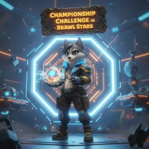 An anthropomorphic husky character in a themed outfit, set in a dynamic game-inspired environment, representing Championship Challenge content and competitive objectives.