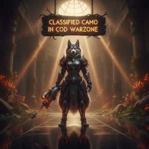 Anthropomorphic husky character in tactical fantasy armor, against a war-torn fantasy environment, themed around classified camo unlocks and weapon customization in Warzone.