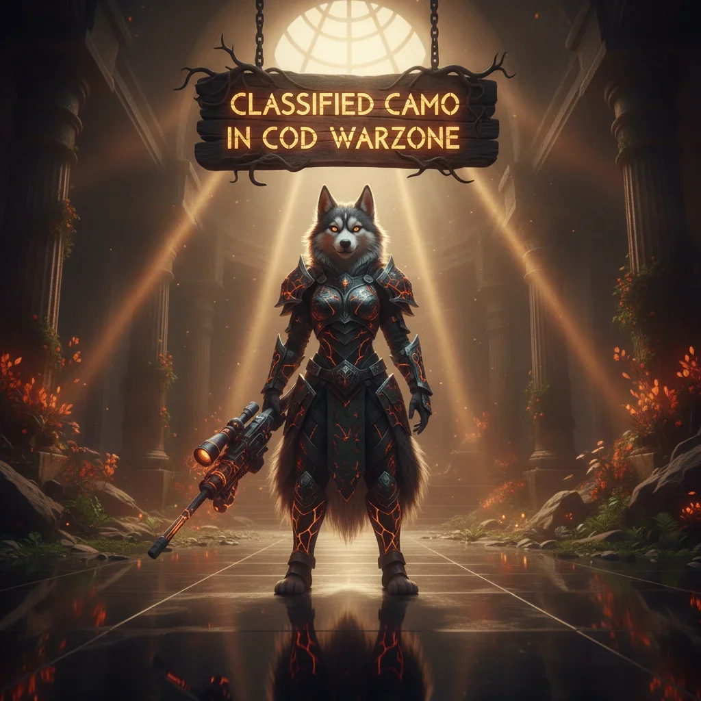 Anthropomorphic husky character in tactical fantasy armor, against a war-torn fantasy environment, themed around classified camo unlocks and weapon customization in Warzone.