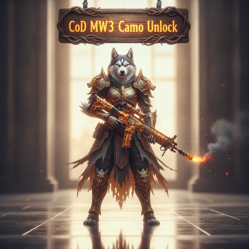 Fantasy game-inspired artwork featuring an anthropomorphic husky character in an epic, vibrant setting, themed around weapon customization and achievement.