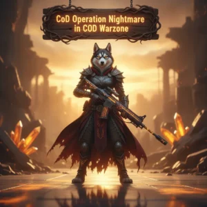An anthropomorphic Husky character, clad in fantasy armor, stands heroically in a game-inspired environment. This artwork is themed around CoD Operation Nightmare challenges and seasonal content from COD Warzone.