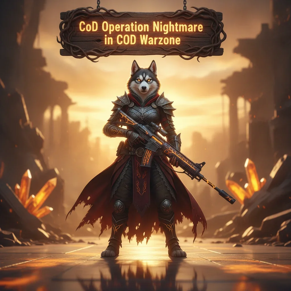 An anthropomorphic Husky character, clad in fantasy armor, stands heroically in a game-inspired environment. This artwork is themed around CoD Operation Nightmare challenges and seasonal content from COD Warzone.