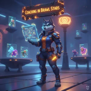 Fantasy artwork featuring an anthropomorphic Husky character in themed attire, representing game strategy enhancement and performance improvement related to Brawl Stars coaching.